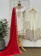 Prazu Fashion Off White Chinon Silk Embroidered Palazzo Suit | Grocsy