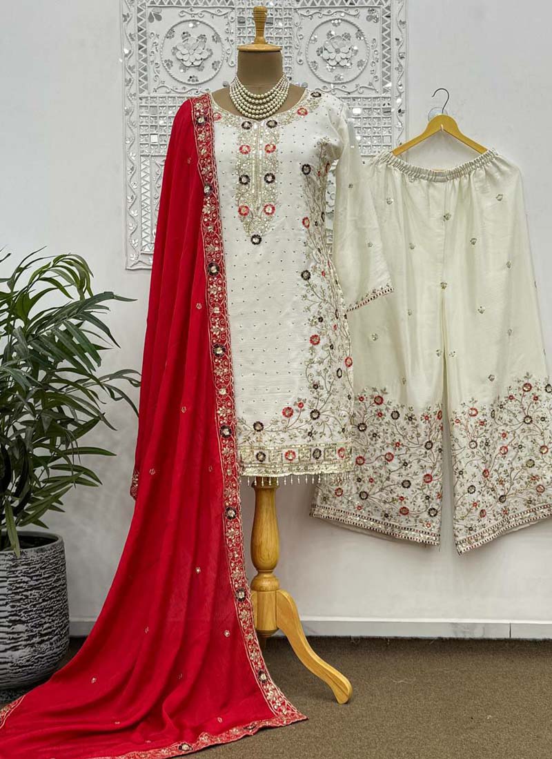 Prazu Fashion Off White Chinon Silk Embroidered Palazzo Suit | Grocsy
