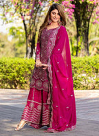 Prazu Fashion Pink Chinon Silk Thread Work Palazzo Suit | Grocsy