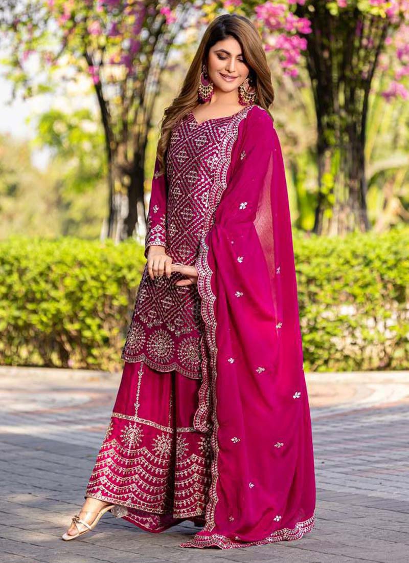 Prazu Fashion Pink Chinon Silk Thread Work Palazzo Suit | Grocsy