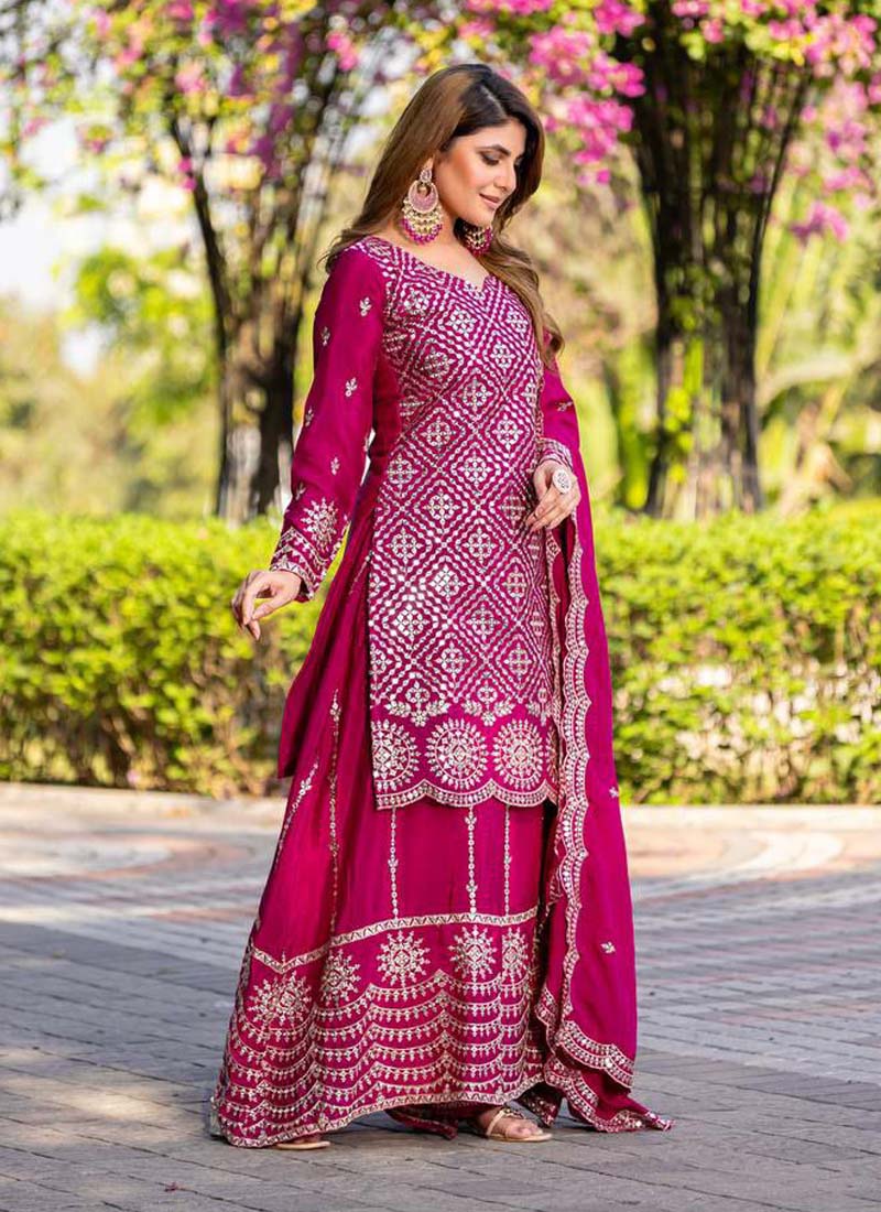 Prazu Fashion Pink Chinon Silk Thread Work Palazzo Suit | Grocsy