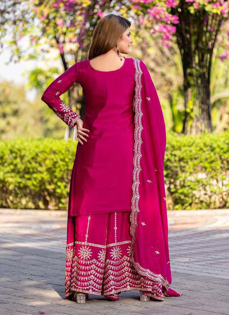 Prazu Fashion Pink Chinon Silk Thread Work Palazzo Suit | Grocsy