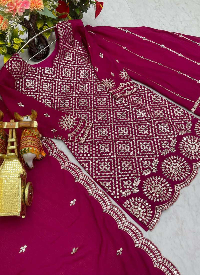 Prazu Fashion Pink Chinon Silk Thread Work Palazzo Suit | Grocsy