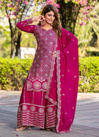 Prazu Fashion Pink Chinon Silk Thread Work Palazzo Suit | Grocsy