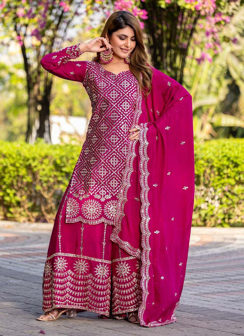 Prazu Fashion Pink Chinon Silk Thread Work Palazzo Suit | Grocsy