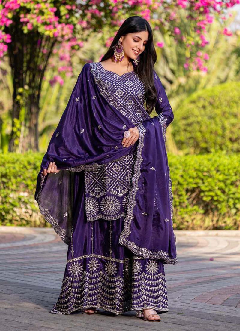 Prazu Fashion Violet Chinon Silk Thread Work Palazzo Suit | Grocsy