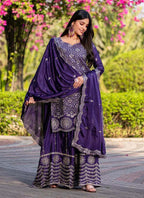 Prazu Fashion Violet Chinon Silk Thread Work Palazzo Suit | Grocsy