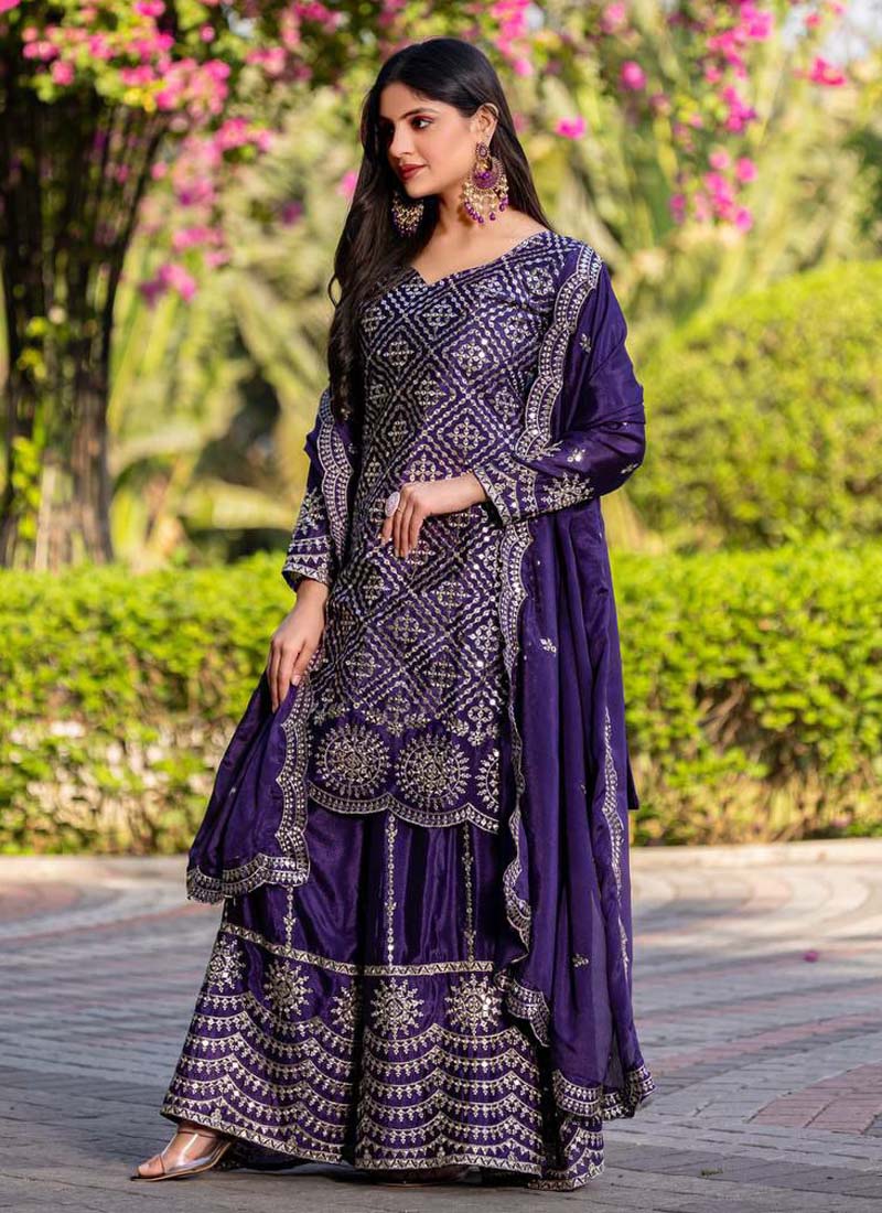 Prazu Fashion Violet Chinon Silk Thread Work Palazzo Suit | Grocsy