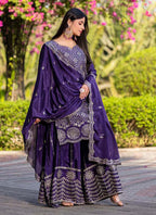Prazu Fashion Violet Chinon Silk Thread Work Palazzo Suit | Grocsy