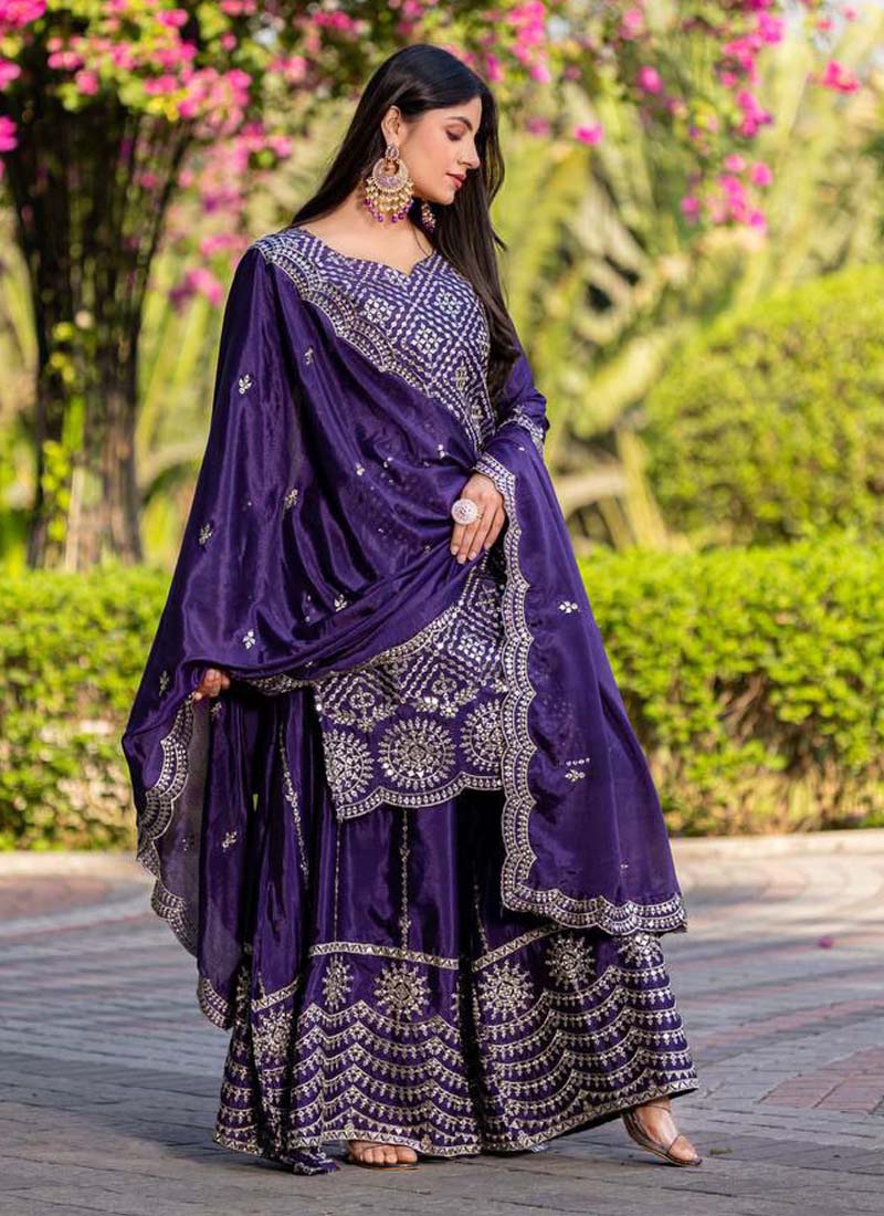 Prazu Fashion Violet Chinon Silk Thread Work Palazzo Suit | Grocsy