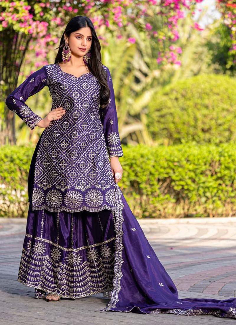 Prazu Fashion Violet Chinon Silk Thread Work Palazzo Suit | Grocsy