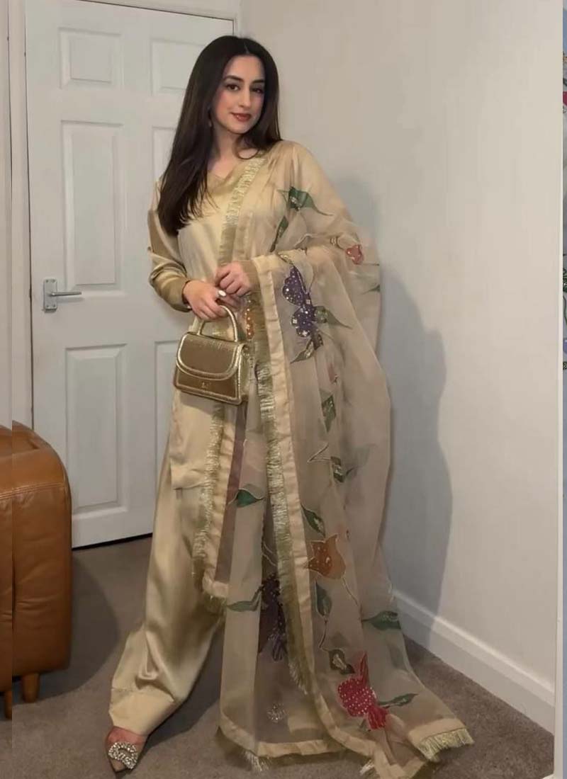 Prazu Fashion Golden Japan Satin Silk Designer Palazzo Suit | Grocsy