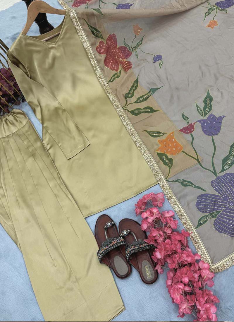 Prazu Fashion Golden Japan Satin Silk Designer Palazzo Suit | Grocsy