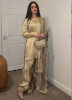 Prazu Fashion Golden Japan Satin Silk Designer Palazzo Suit | Grocsy