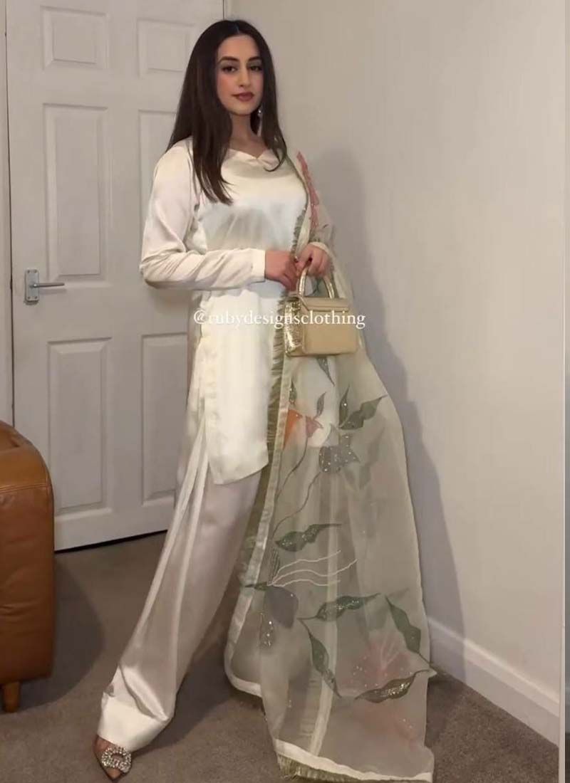 Prazu Fashion Off White Japan Satin Silk Designer Palazzo Suit | Grocsy