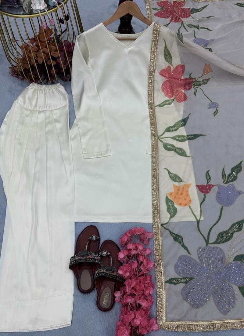 Prazu Fashion Off White Japan Satin Silk Designer Palazzo Suit | Grocsy