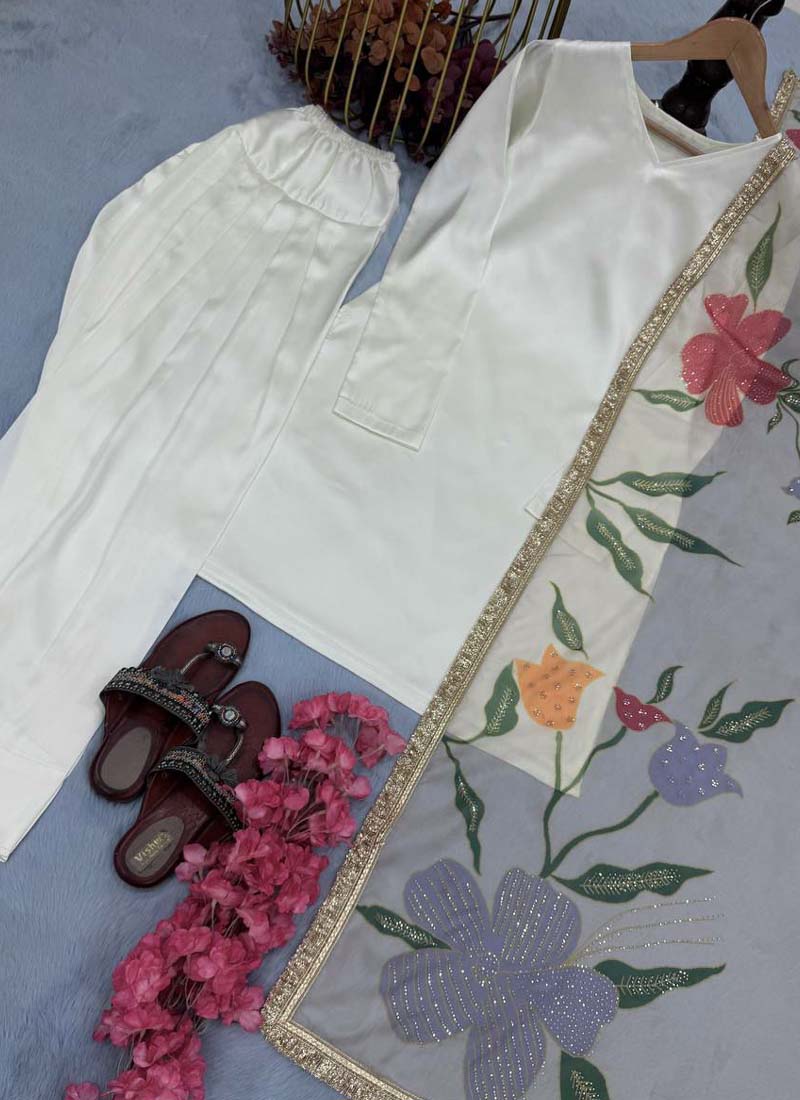 Prazu Fashion Off White Japan Satin Silk Designer Palazzo Suit | Grocsy
