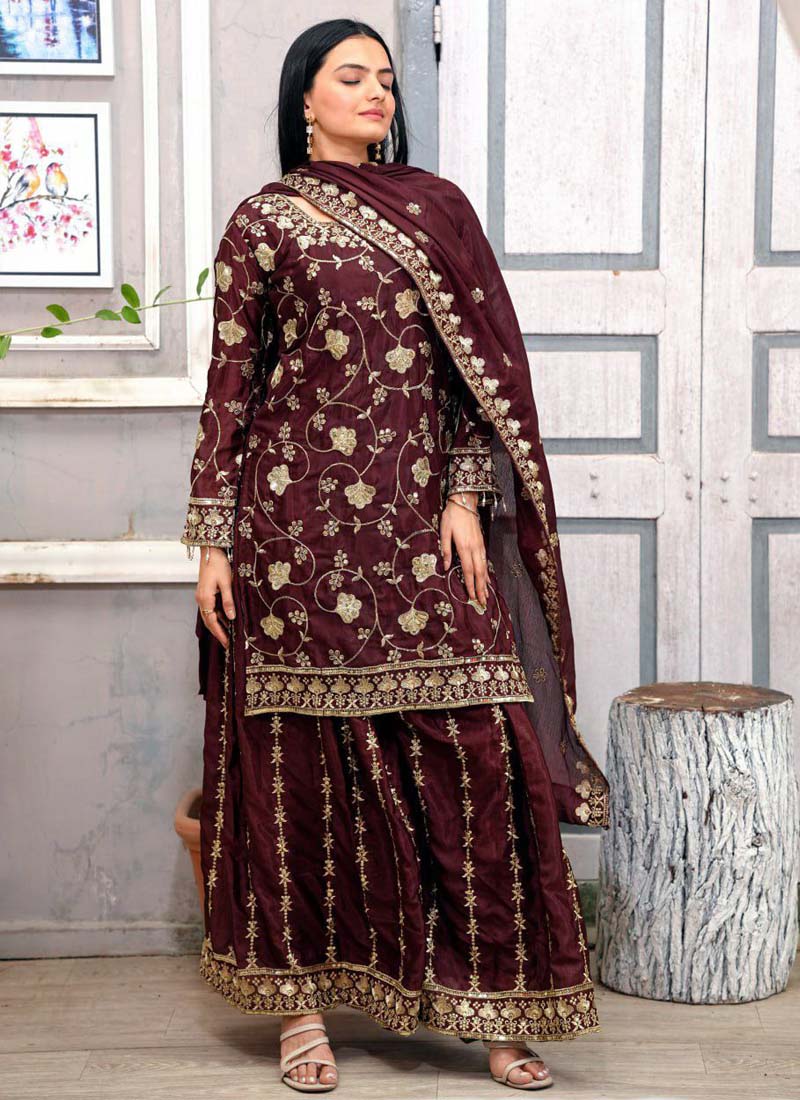 Prazu Fashion Dark Maroon Chinon Silk Embroidered Sharara Suit | Grocsy
