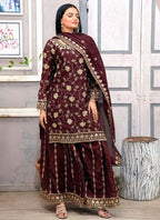 Prazu Fashion Dark Maroon Chinon Silk Embroidered Sharara Suit | Grocsy