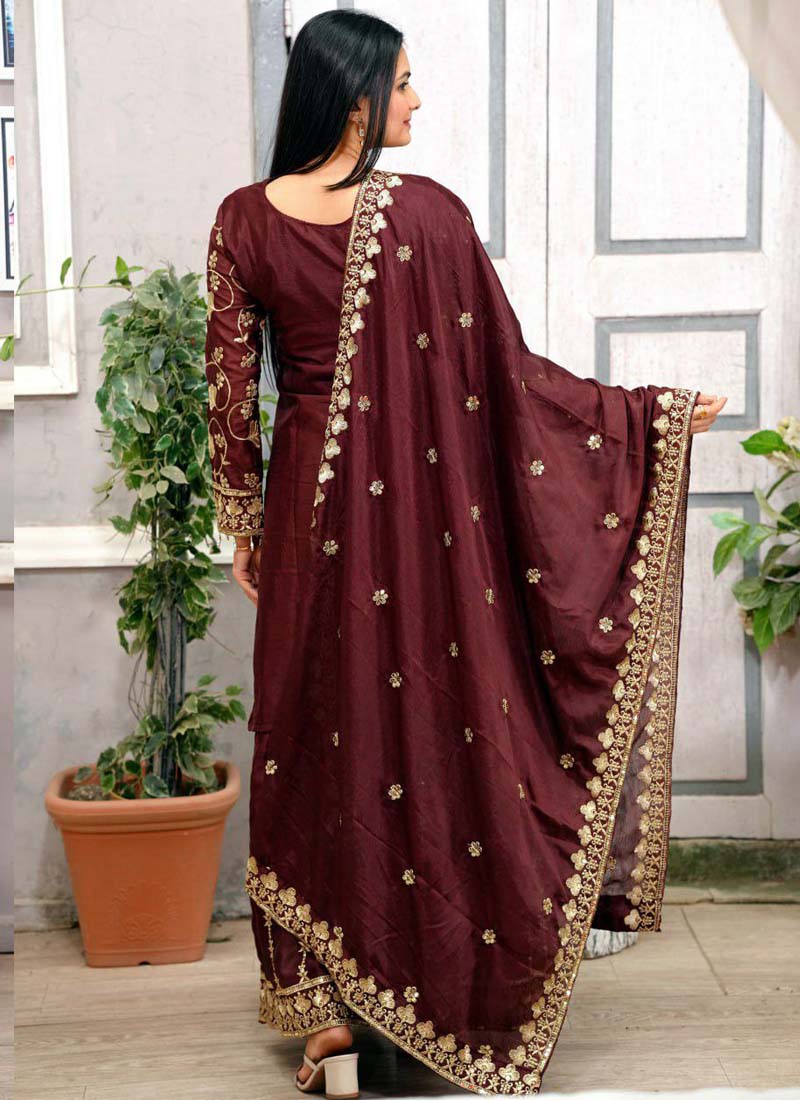 Prazu Fashion Dark Maroon Chinon Silk Embroidered Sharara Suit | Grocsy