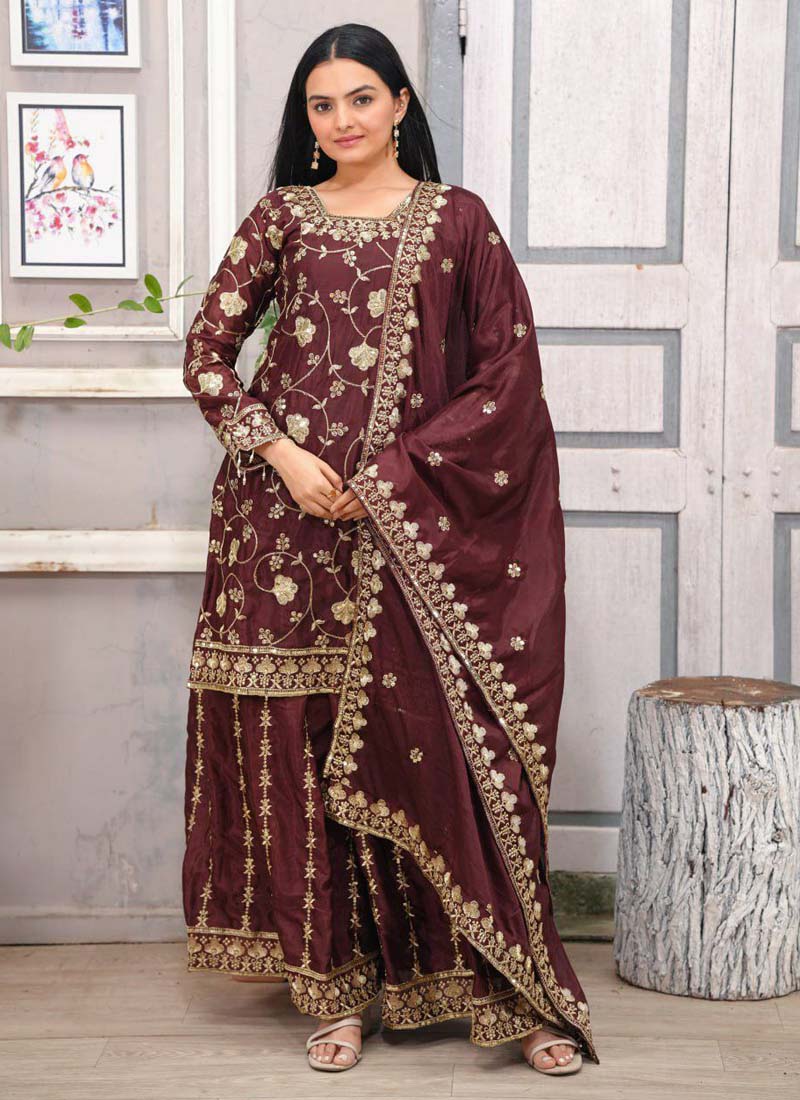 Prazu Fashion Dark Maroon Chinon Silk Embroidered Sharara Suit | Grocsy