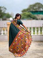 Mameraa Sarees Green Faux Banarasi Silk Saree With Paithani Rich Weaved Pallu And Blouse-Green | Grocsy
