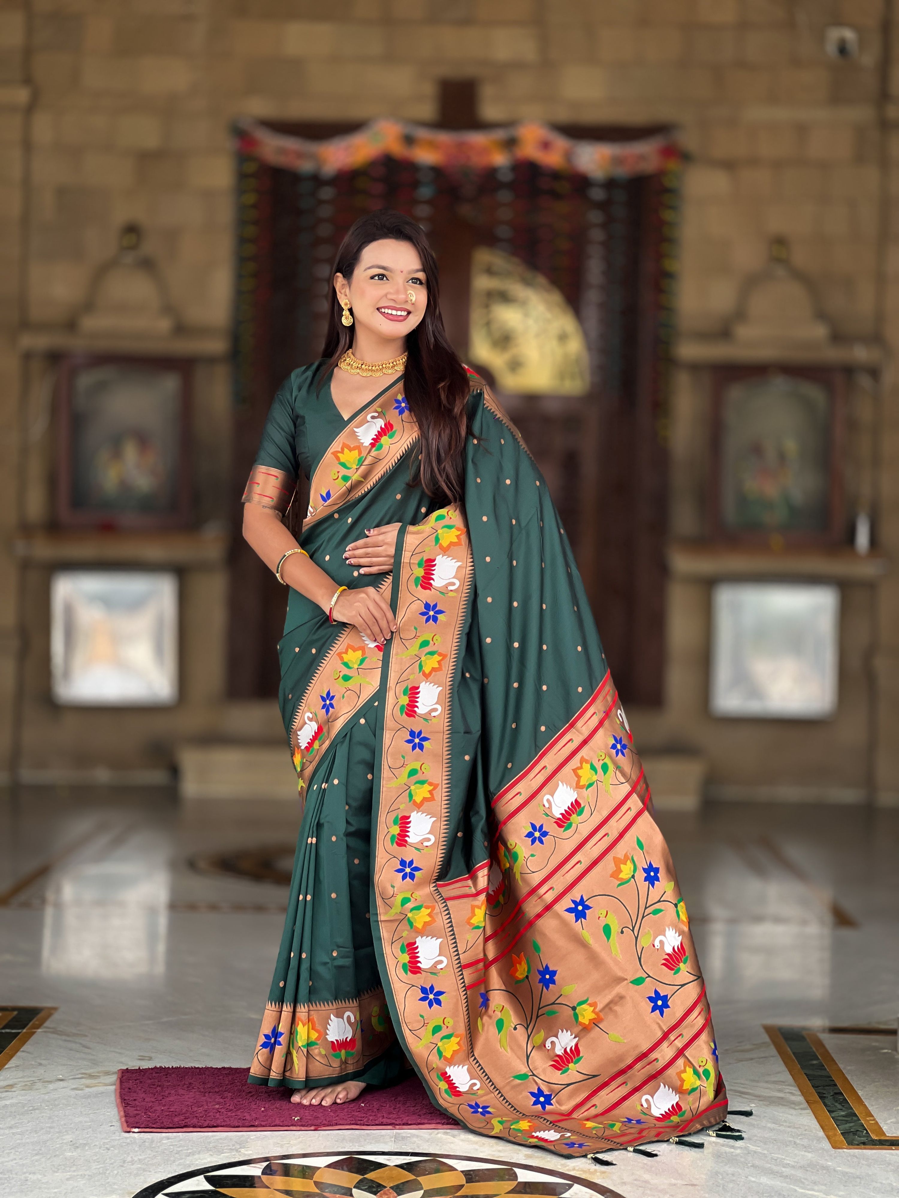 Mameraa Sarees Green Faux Banarasi Silk Saree With Paithani Rich Weaved Pallu And Blouse-Green | Grocsy