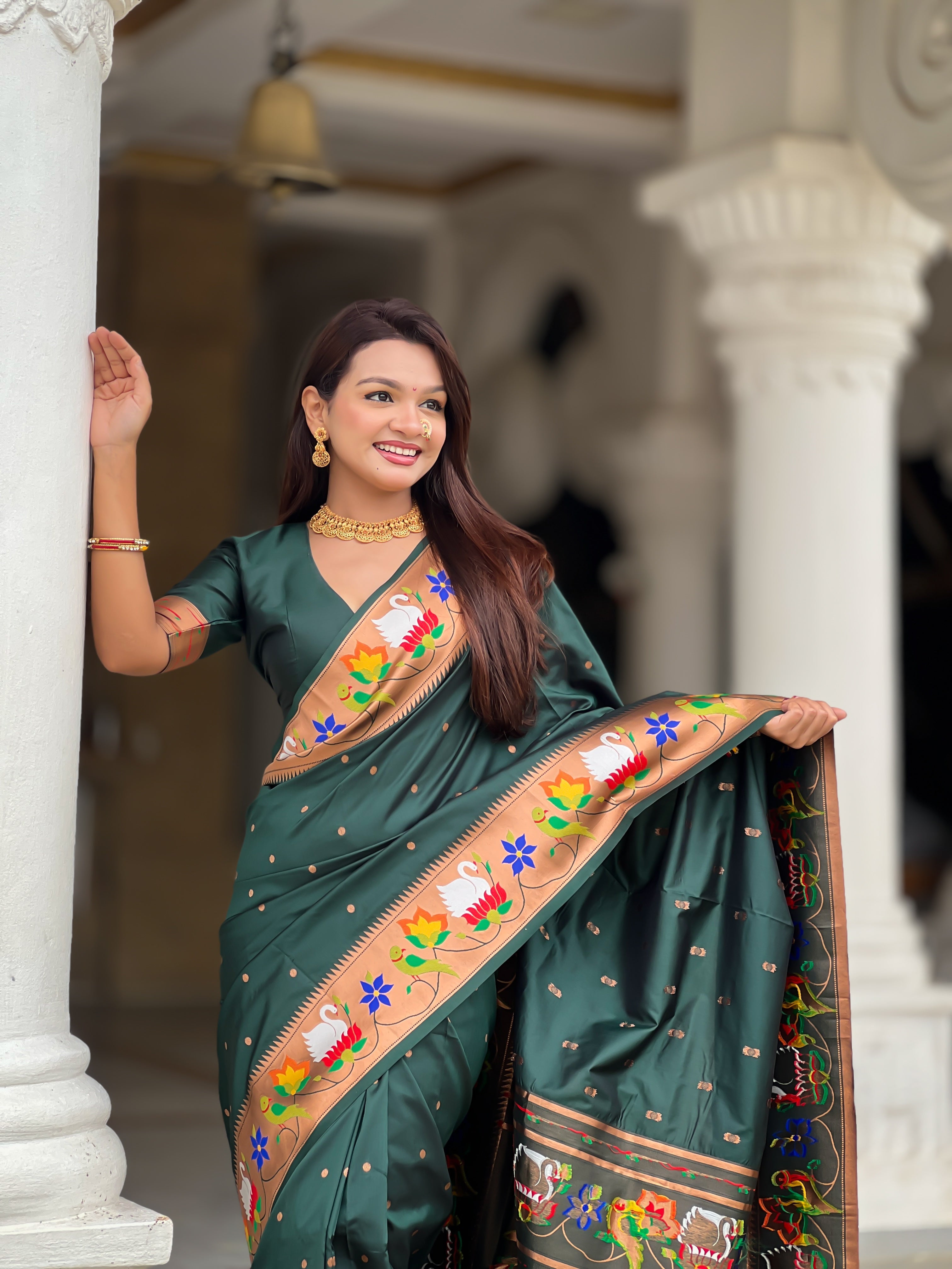 Mameraa Sarees Green Faux Banarasi Silk Saree With Paithani Rich Weaved Pallu And Blouse-Green | Grocsy