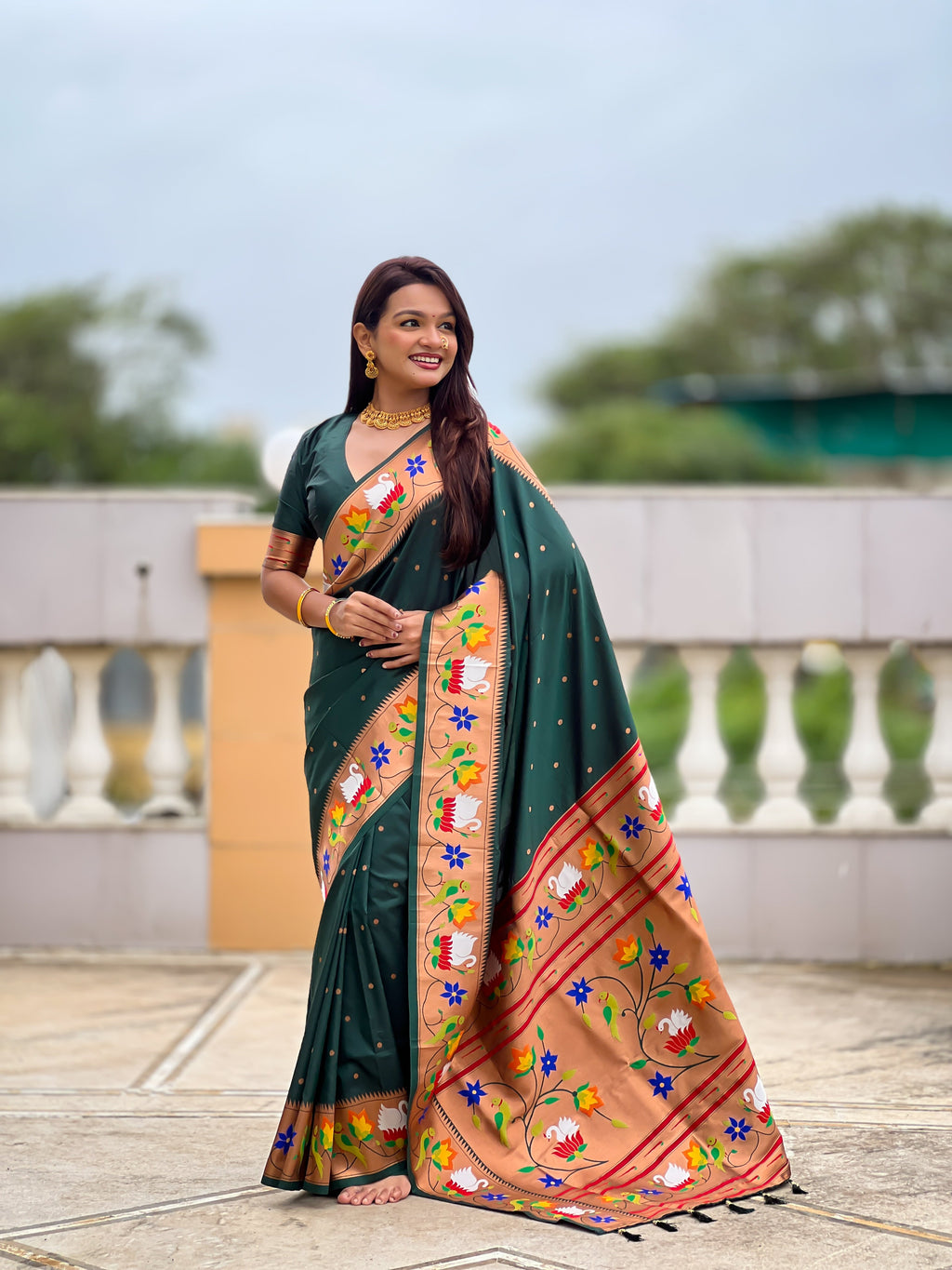 Mameraa Sarees Green Faux Banarasi Silk Saree With Paithani Rich Weaved Pallu And Blouse-Green | Grocsy