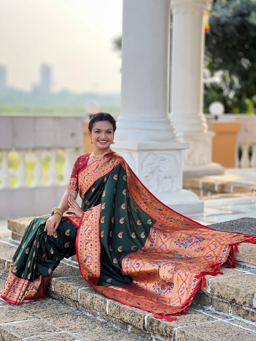Mameraa Sarees Green Faux Banarasi Silk Saree With Paithani Rich Weaved Pallu And Blouse-Green | Grocsy