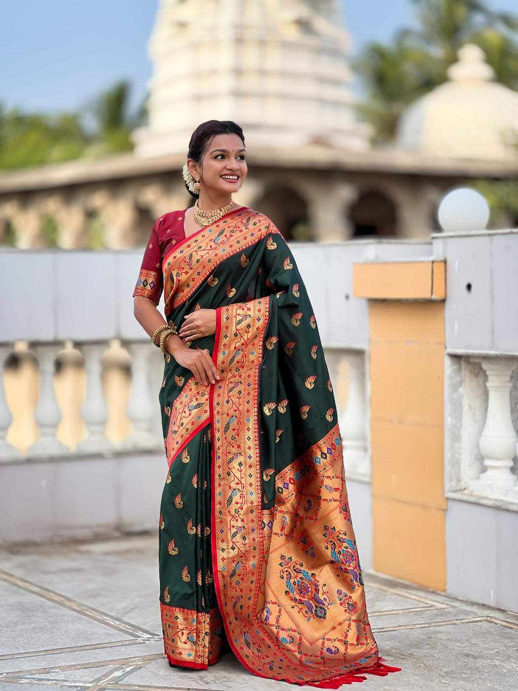 Mameraa Sarees Green Faux Banarasi Silk Saree With Paithani Rich Weaved Pallu And Blouse-Green | Grocsy