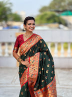 Mameraa Sarees Green Faux Banarasi Silk Saree With Paithani Rich Weaved Pallu And Blouse-Green | Grocsy