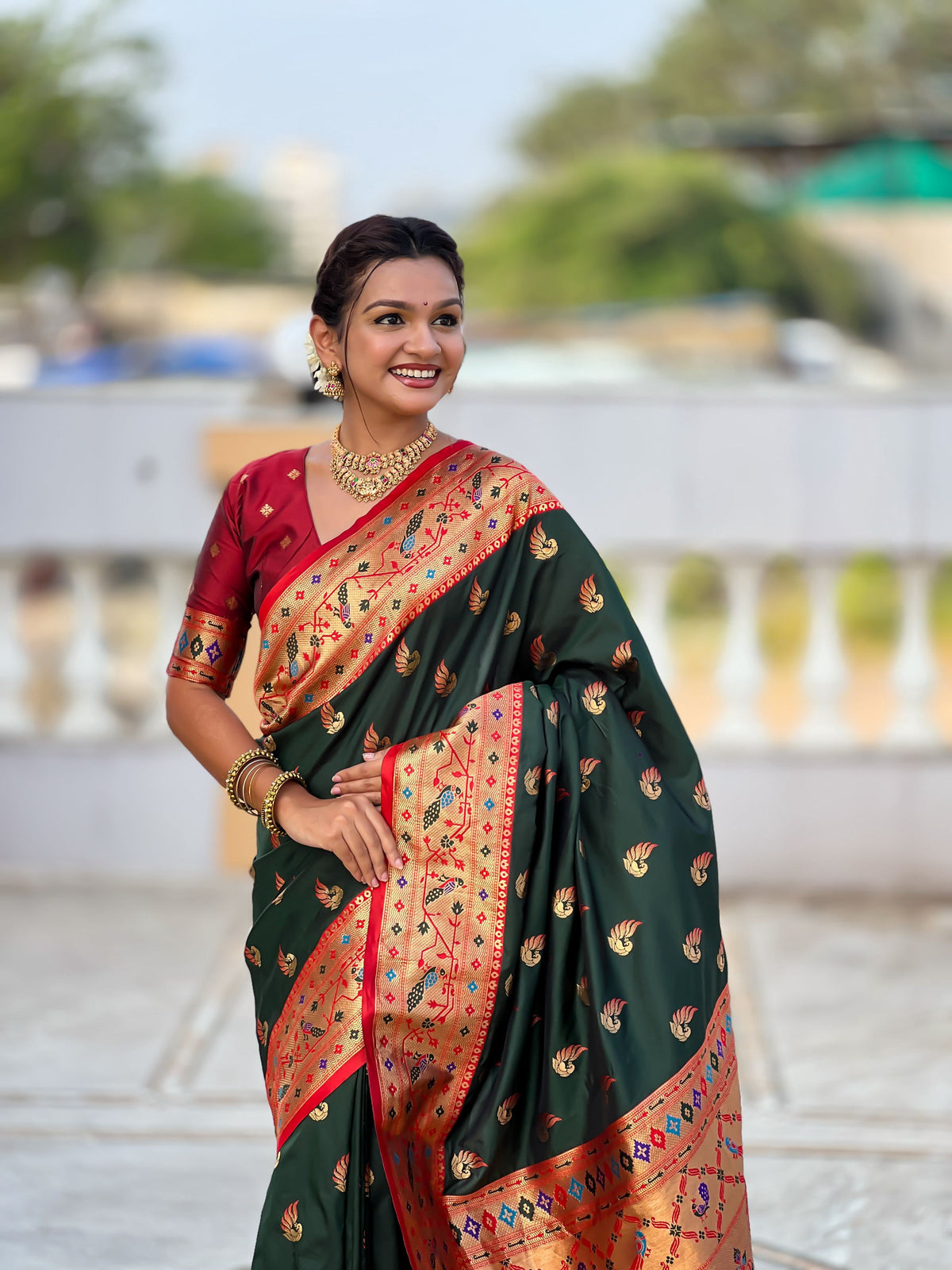 Mameraa Sarees Green Faux Banarasi Silk Saree With Paithani Rich Weaved Pallu And Blouse-Green | Grocsy