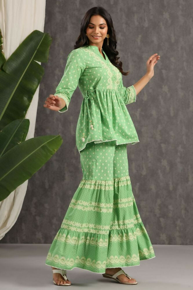 Juniper Green Ethnic Motif Printed Pure Cotton Tunic & Sharara With Sequins & Lace Detail | Grocsy