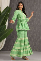 Juniper Green Ethnic Motif Printed Pure Cotton Tunic & Sharara With Sequins & Lace Detail | Grocsy