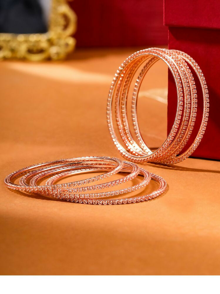 NVR Women Set of 8 American Diamond Rose Gold-Polished Bangles