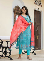 Kaajh Women's Sky Blue Printed Chanderi Kurta Pant Set With Dupatta | Grocsy