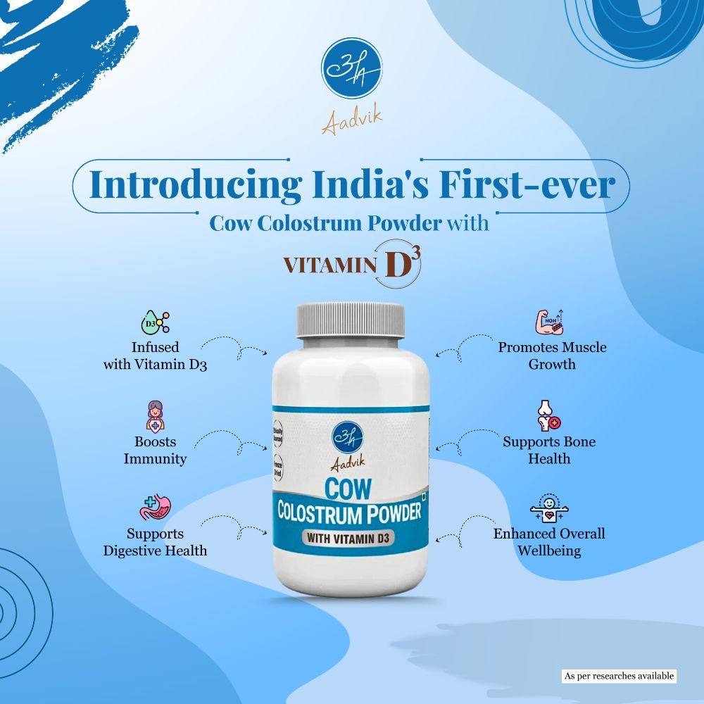 Aadvik Cow Colostrum Powder with 600 IU Vit D3 per serving | Grocsy