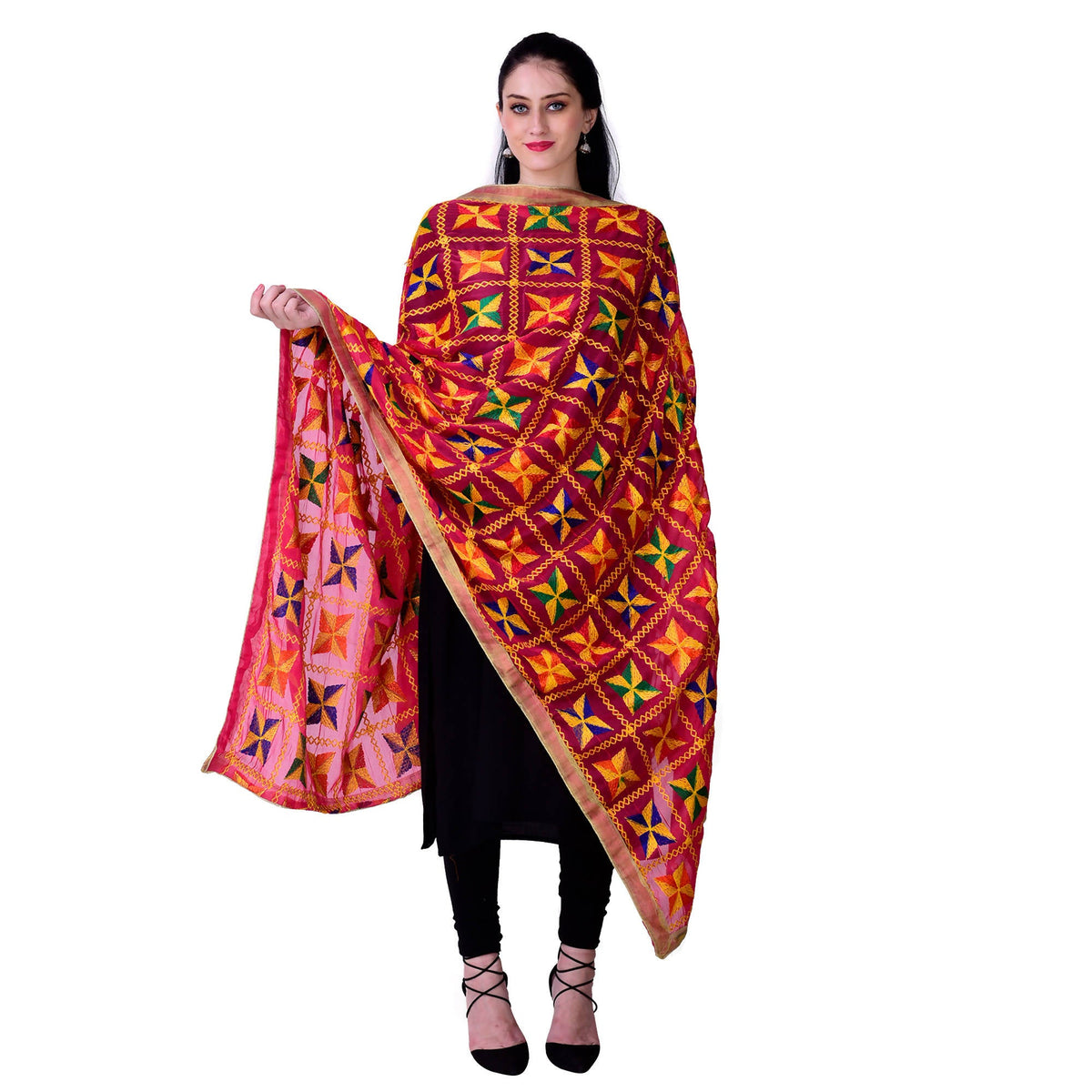 SWI Stylish Women's Embroidered Phulkari Chiffon Magenta Dupatta | Grocsy