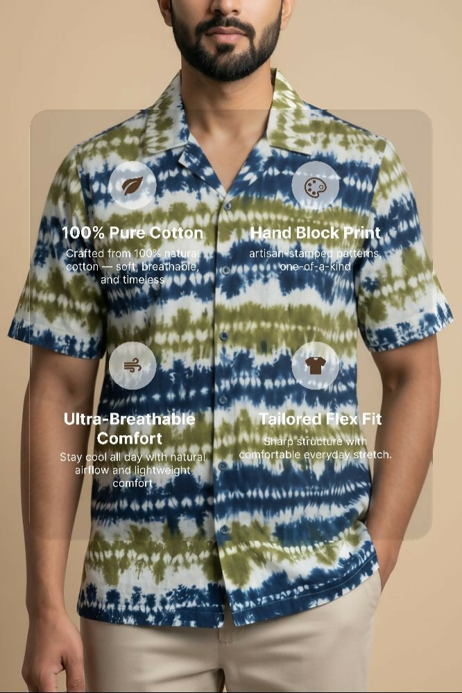 Prakriti — Olive Indigo Shibori Cotton Shirt by Hilo Design | Grocsy