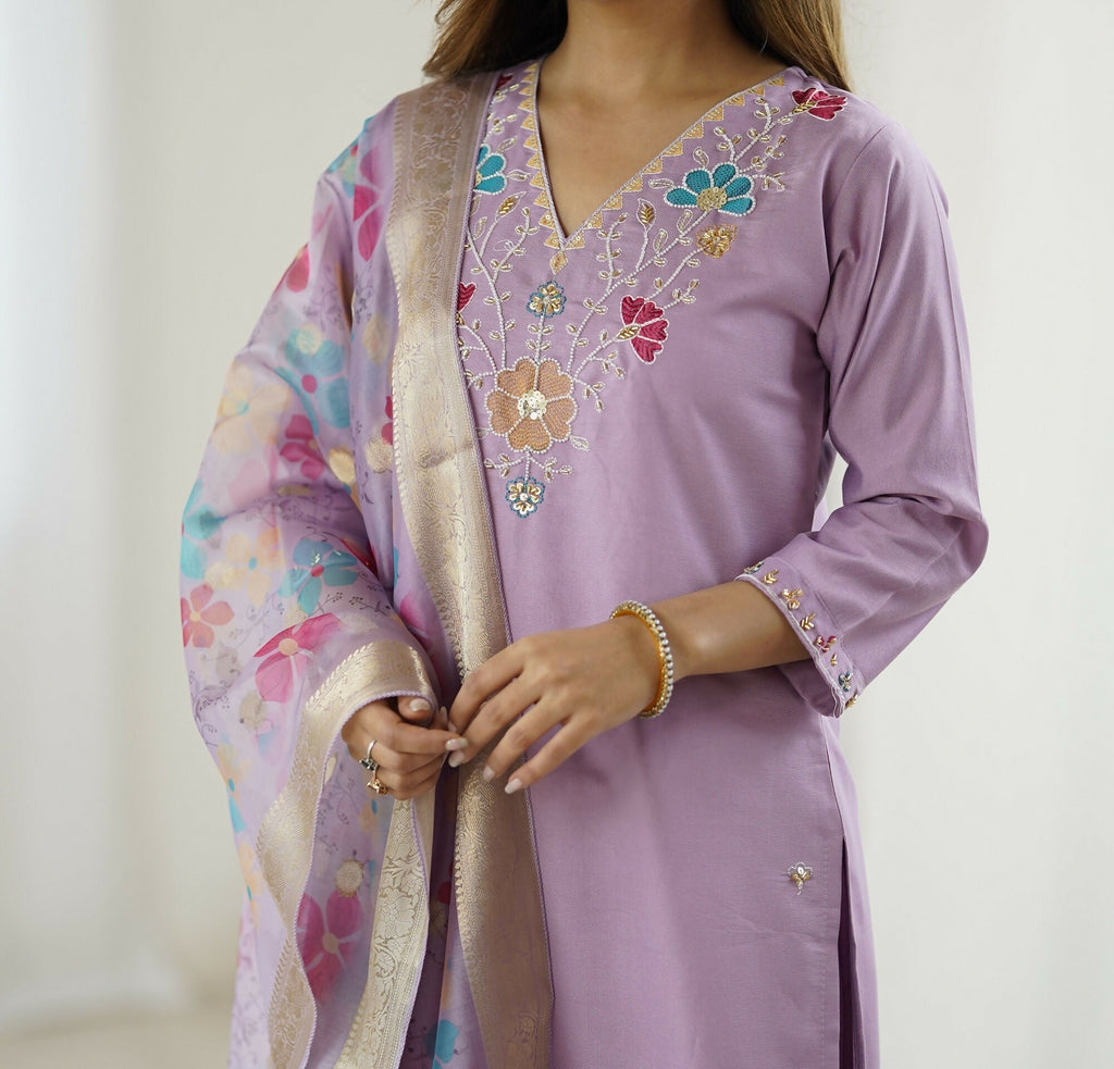 The52 Lavender Women's Gorgeous Embroidered work Viscose Gadhwal Fabric Straight Kurta, Pant and Dupatta Set | Grocsy