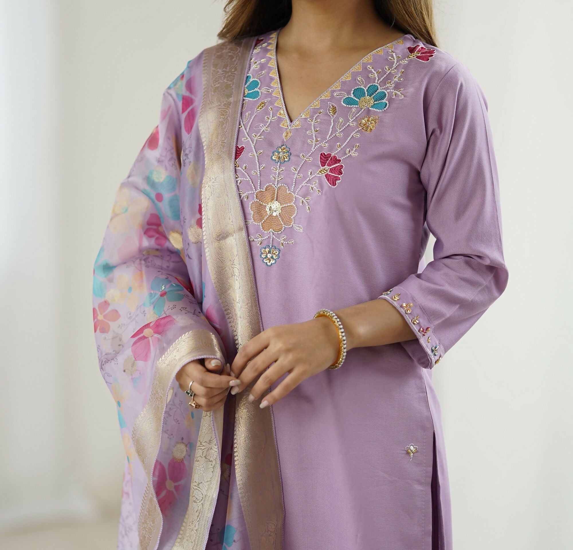 The52 Lavender Women's Gorgeous Embroidered work Viscose Gadhwal Fabric Straight Kurta, Pant and Dupatta Set | Grocsy