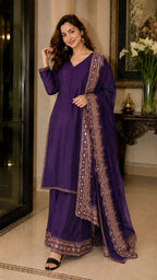 Teeya Creation New Latest Stylish Classic Jambli Festive Kurta Set with Gold Zari Border Palazzo and Dupatta | Grocsy