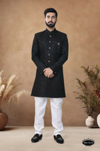 Joban Fashion Men's Black Straight Silk Thread & Sequence Embroidery All Over Indo-Western Kurta Set | Grocsy