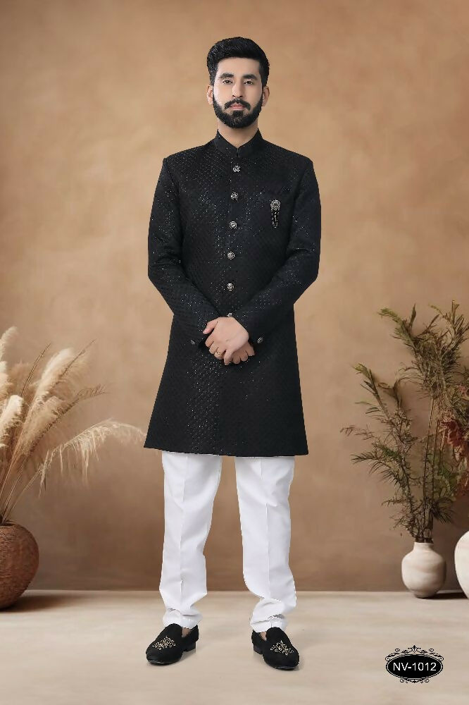 Joban Fashion Men's Black Straight Silk Thread & Sequence Embroidery All Over Indo-Western Kurta Set | Grocsy