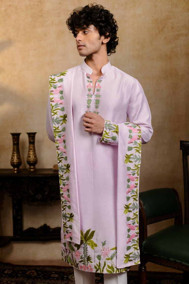 Falling Raw Silk Lavinder Taruni Hamsa Kurta Set By Hilo Design | Grocsy
