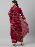 Yufta Women Pink And Golden Pure Cotton Solid Kurta with Palazzo and Dupatta | Grocsy
