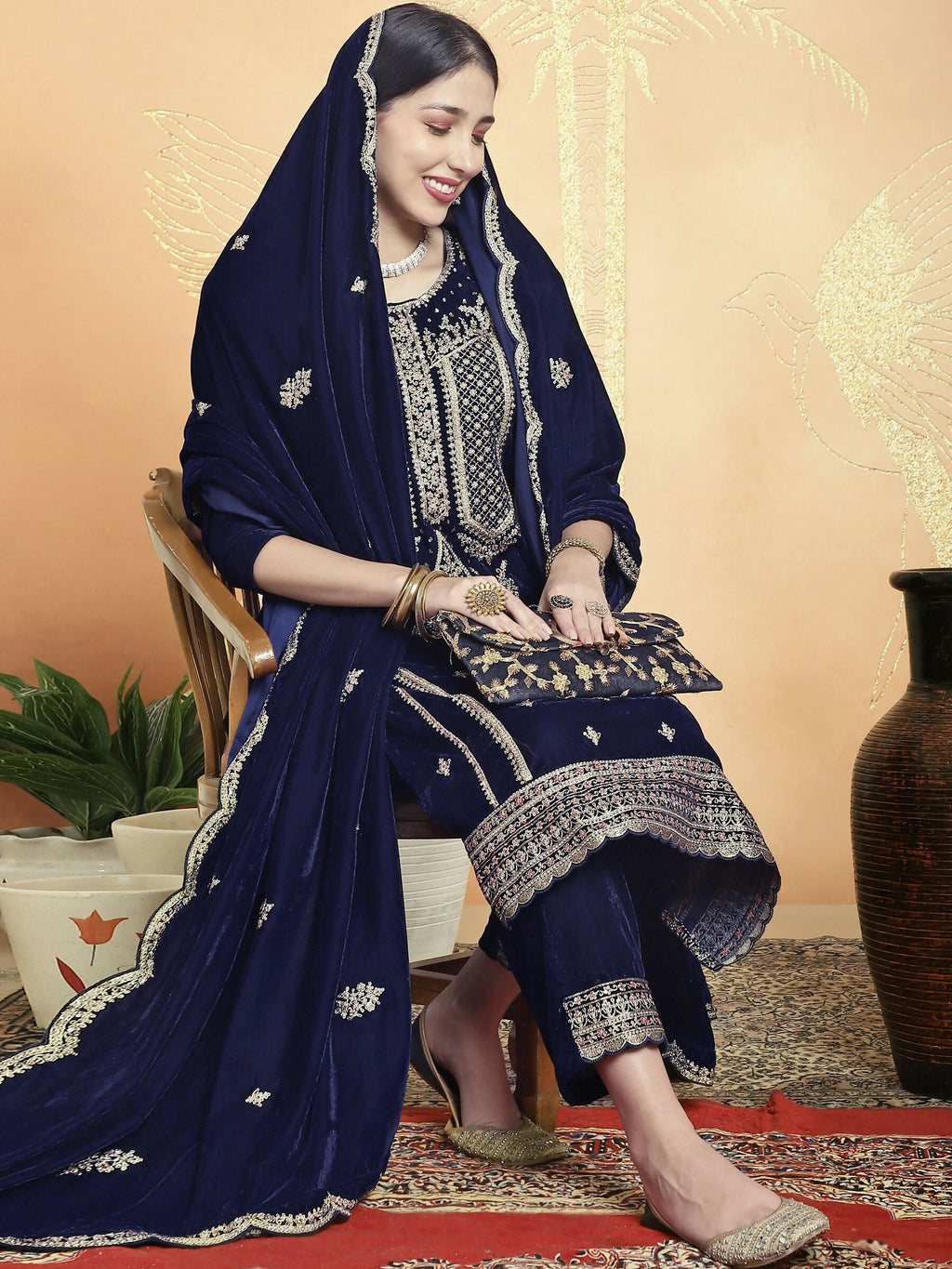 Jyoti Fashion Women's Navy Blue Velvet Cording with Resham Thread & Sequin Kurta with Trouser & Dupatta | Grocsy