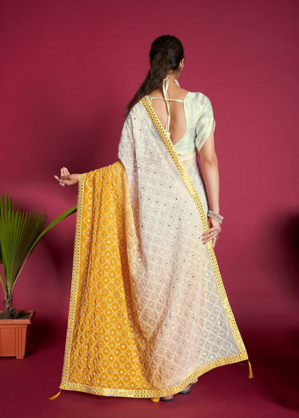 Vamsee Yellow & White Georgette Designer Saree | Grocsy