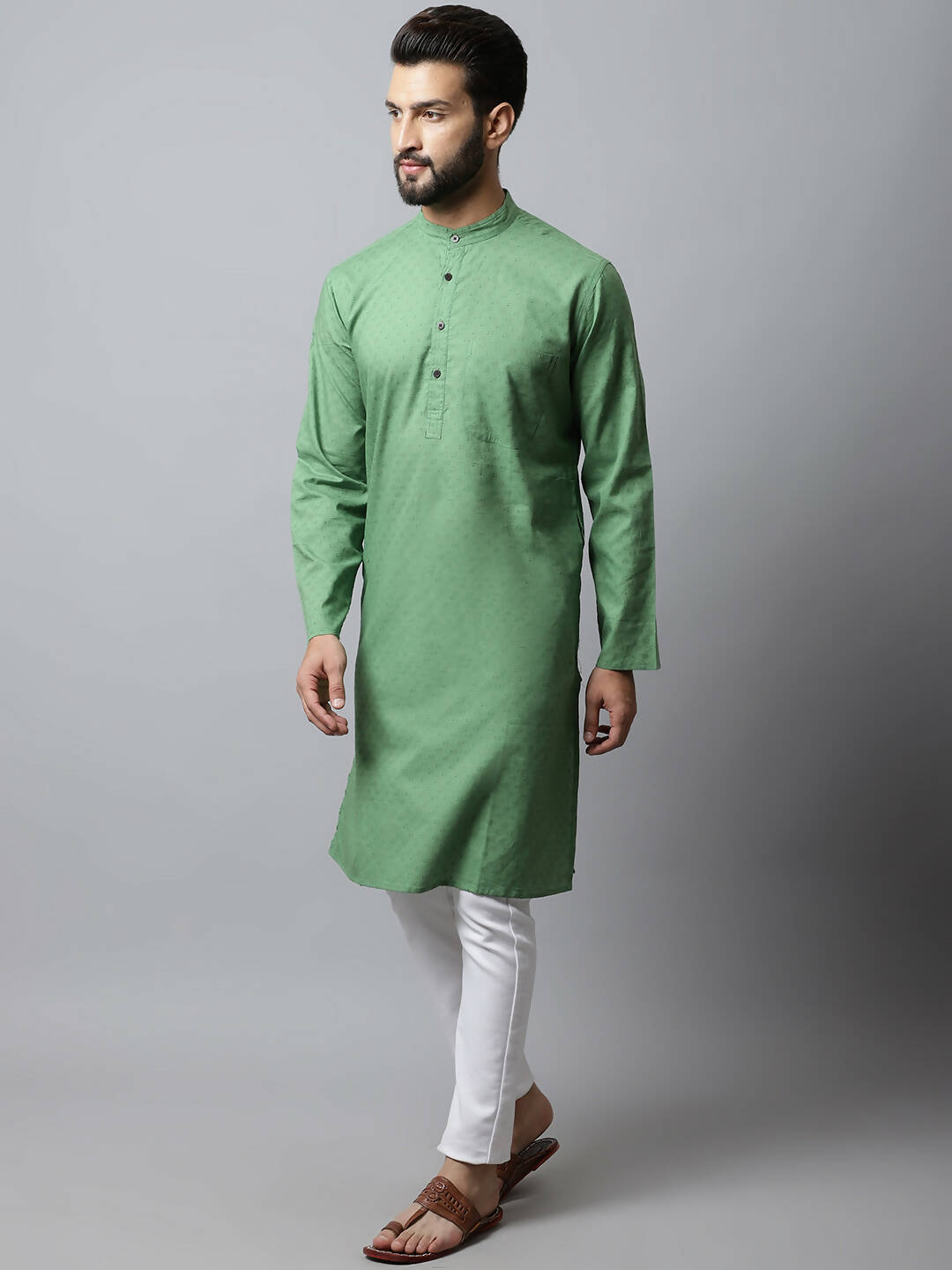 Even Apparels Green Color Pure Cotton Men's Kurta With Band Collar (SLD073) | Grocsy